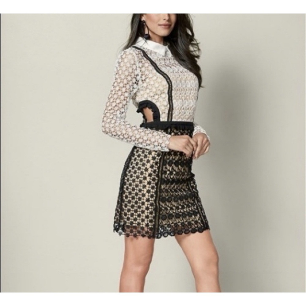 Crochet Schoolgirl Dress Black White Long Sleeved Lined Side Cut Out Sexy Size 6